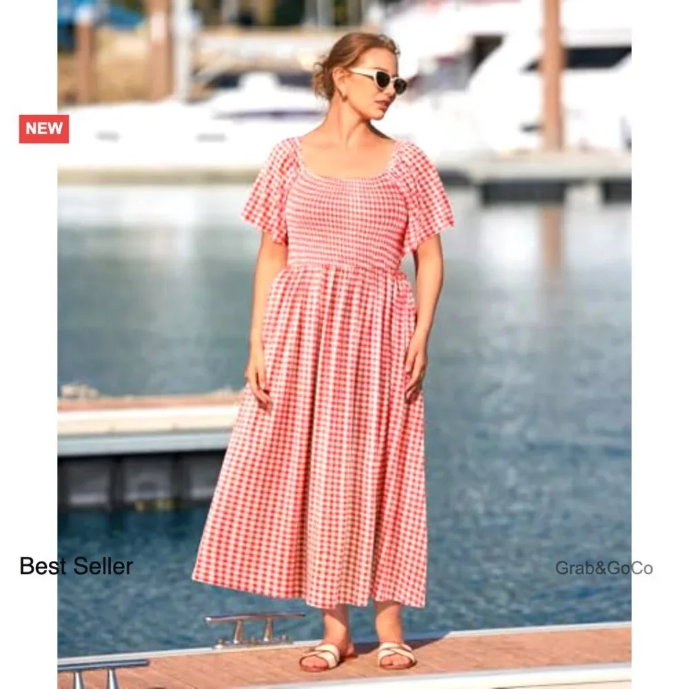 Plus Size Smocked Maxi Dress Square Neck Short Sleeve Floral Summer Casual
